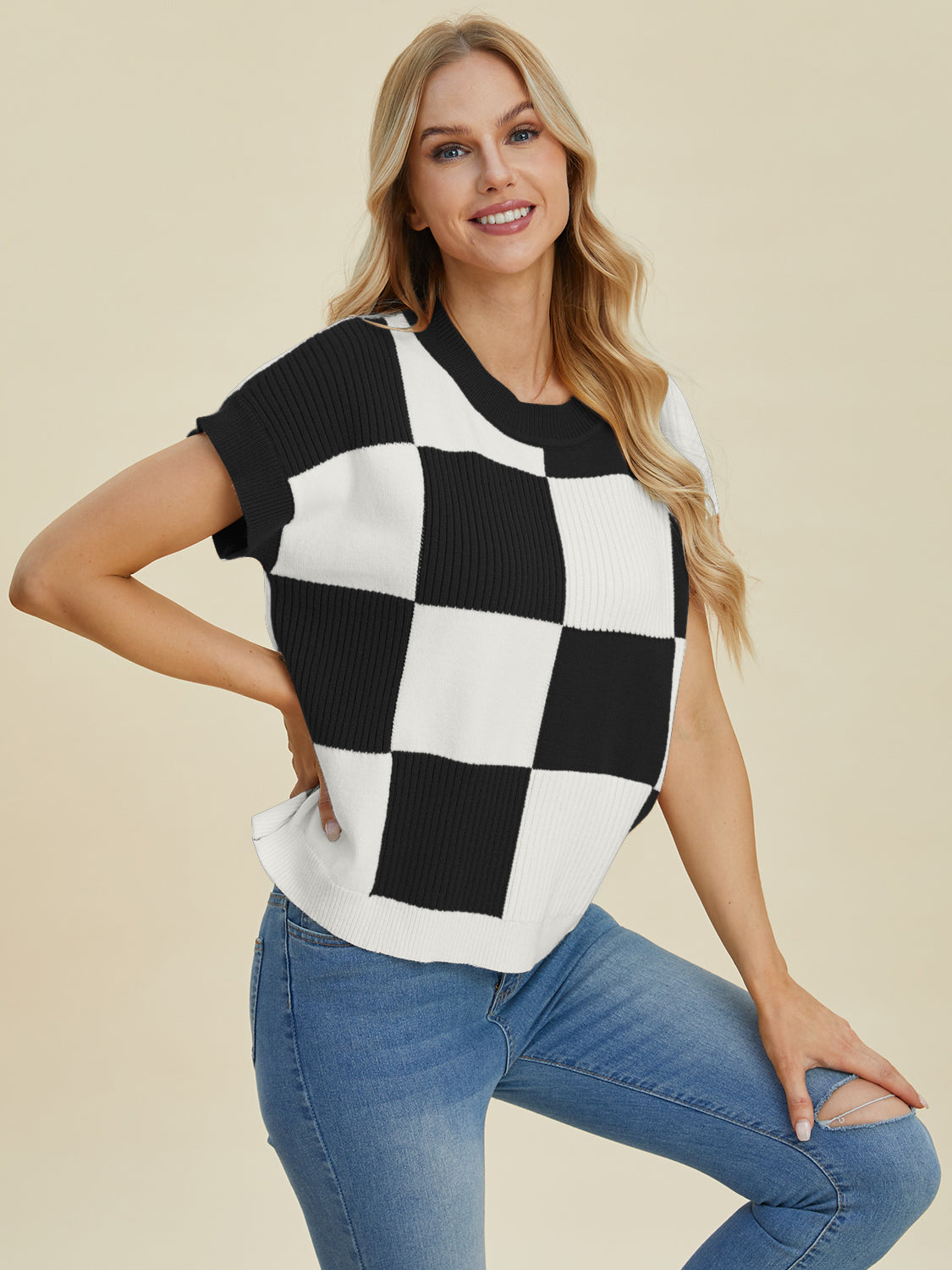 Checkered Short Sleeve Sweater- 4 Colors (Black, Pink, Camel, Turquoise)