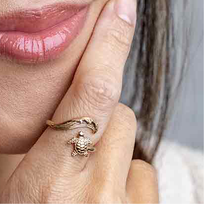 Bronze Sea Turtle & Wave Adjustable Ring