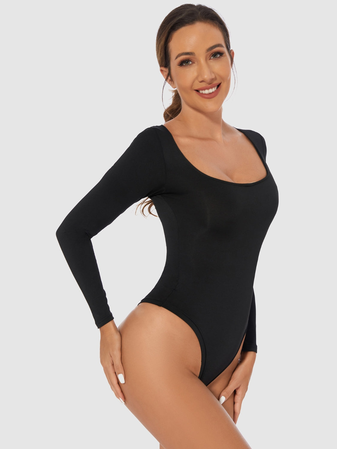 4 Colors - Scooped Long Sleeve Bodysuit- (White, Black, Brown, Tan)