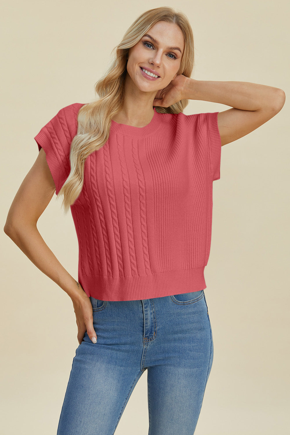 Cable-Knit Short Sleeve Sweater- 2 Colors