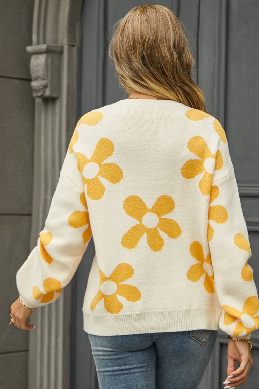 Floral Print Dropped Shoulder Pullover Sweater- 5 Colors (Lavender, White, Orange, Pink, Yellow)