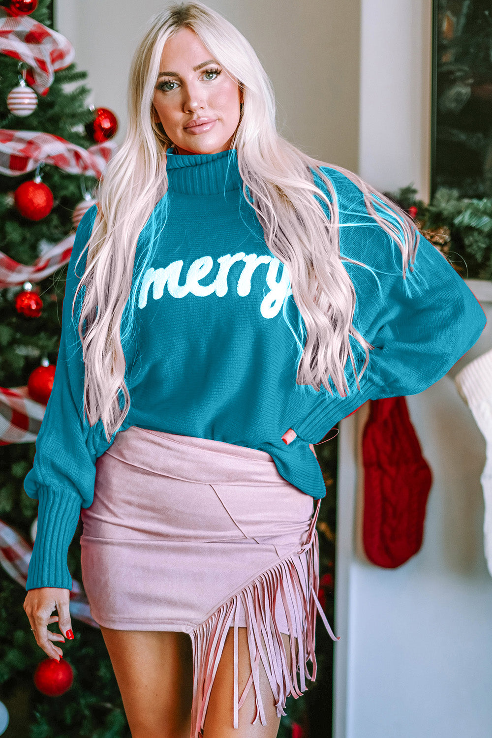 Merry Christmas Turtleneck Sweater- 3 Colors (Dark Green, Pastel Blue, Red)