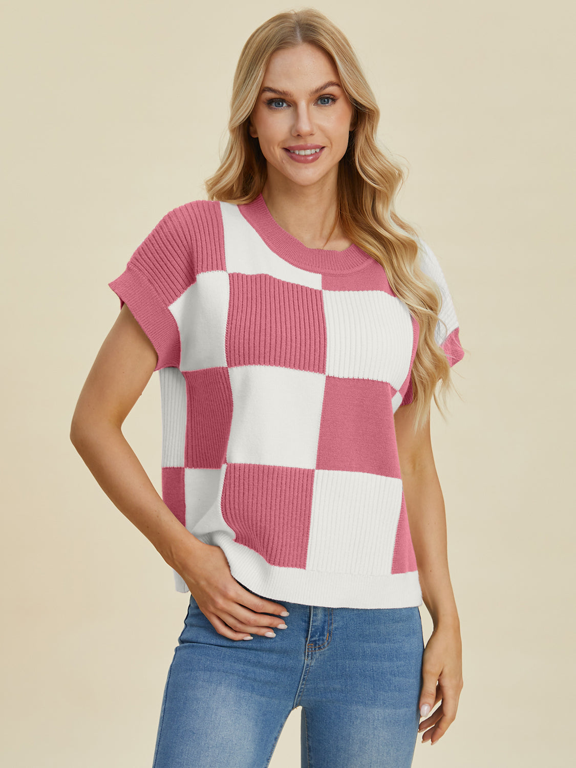 Checkered Short Sleeve Sweater- 4 Colors (Black, Pink, Camel, Turquoise)