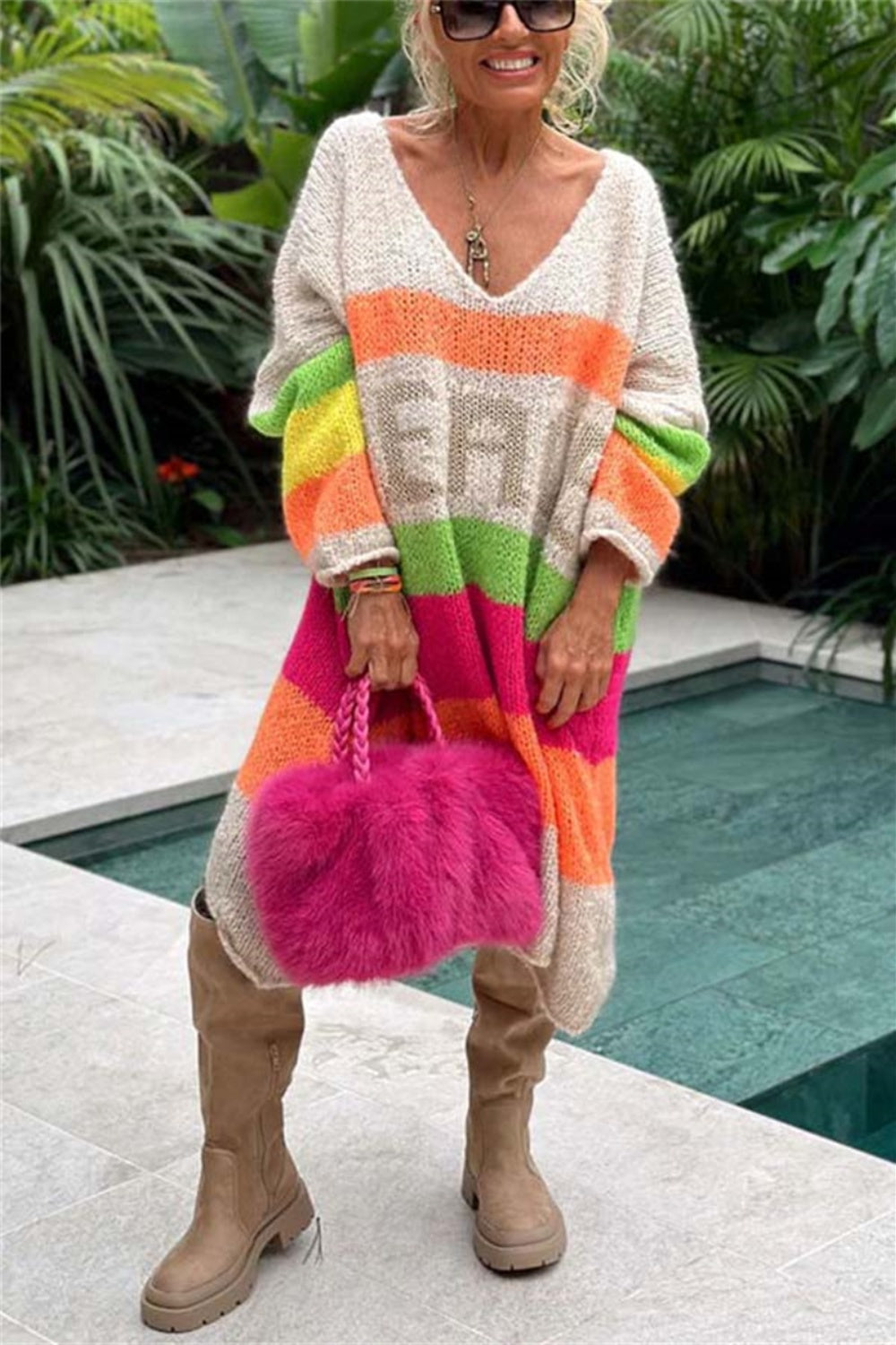 Color Block V-Neck Sweater Dress