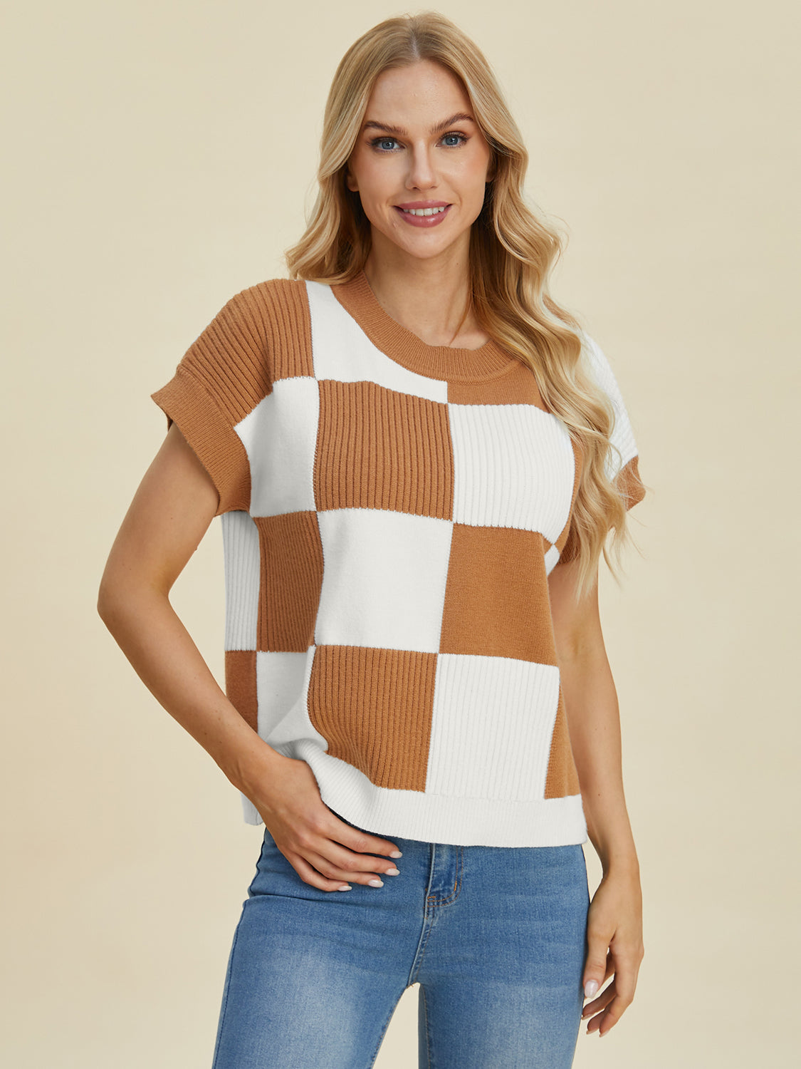Checkered Short Sleeve Sweater- 4 Colors (Black, Pink, Camel, Turquoise)
