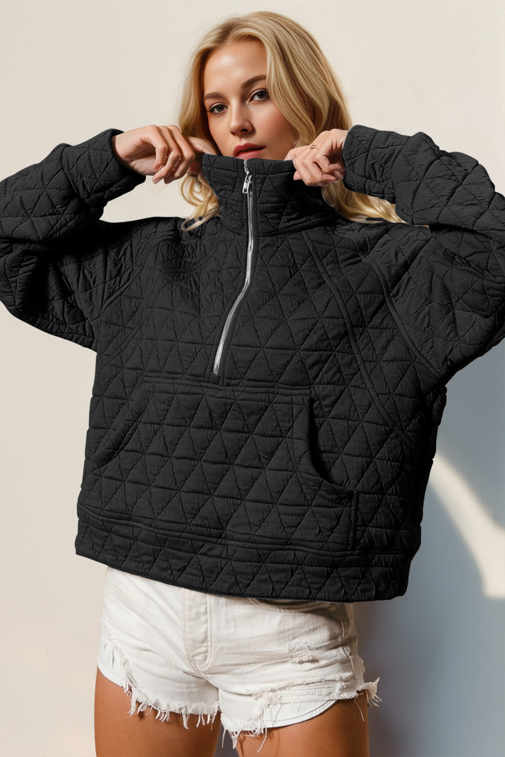 Half Zip Quilted Sweatshirt- 5 Colors (Caramel, Gray, Light Blue, Black, Cream)