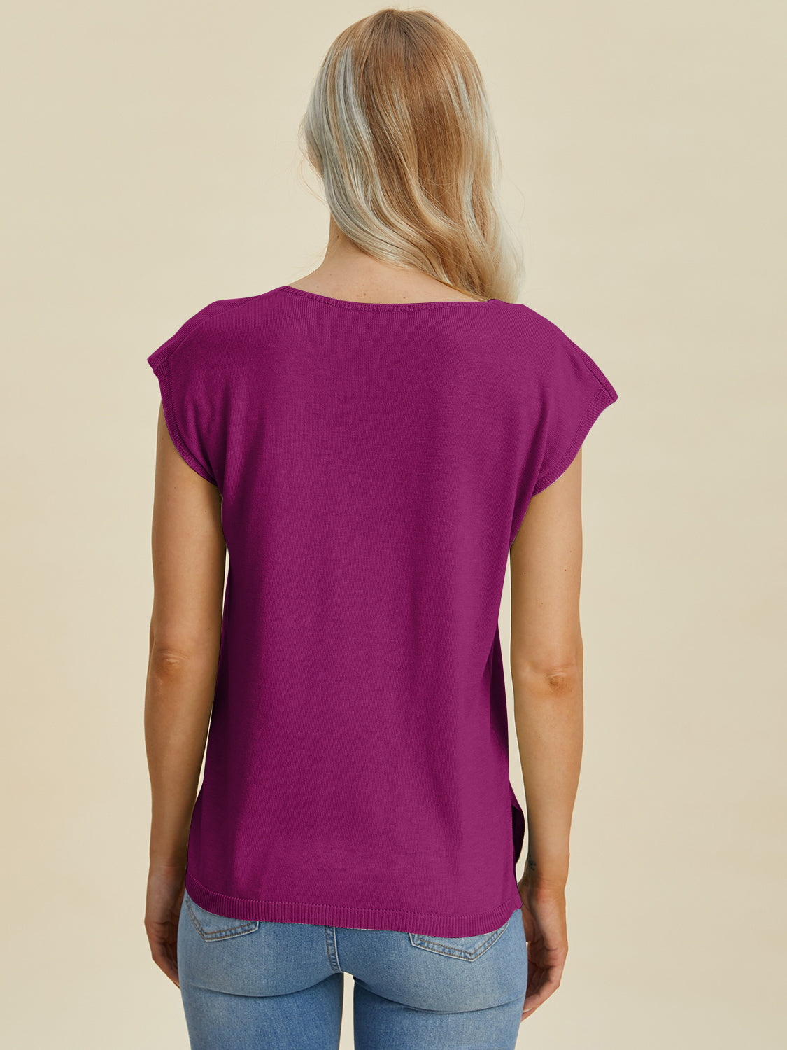Notched Cap Sleeve Knit Top- 4 Colors (Caramel, Dust Storm, Magenta, Sage)