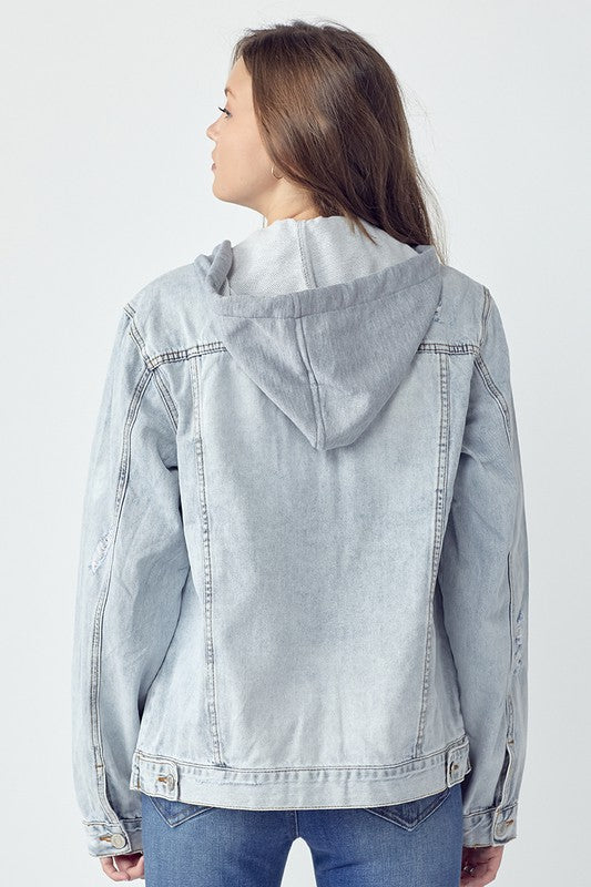 RISEN Distressed Hooded Light Denim Jacket IN STORE RDJ1104