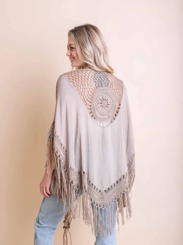 Crochet Back Tassel Cardigan- Mocha