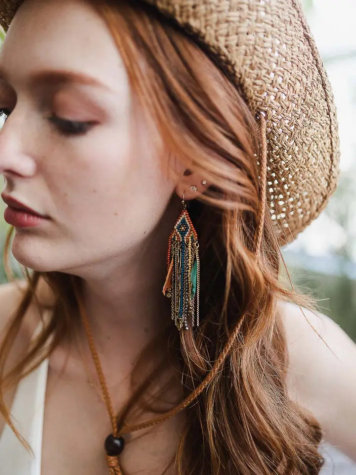 Mixed Bead Feather Dangle Earrings