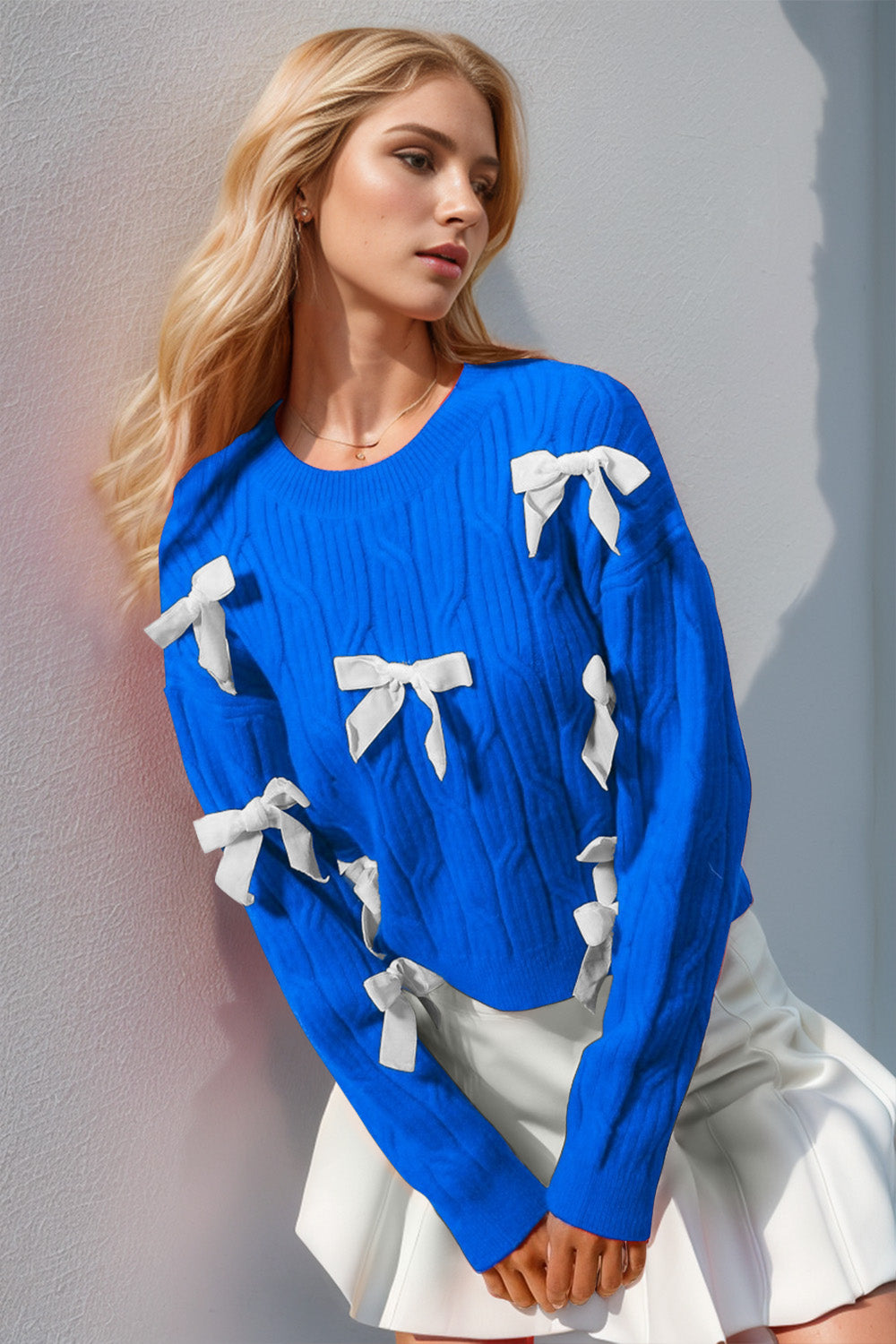Bow Cable-Knit Round Neck Sweater- 2 Colors (Blue, Black)