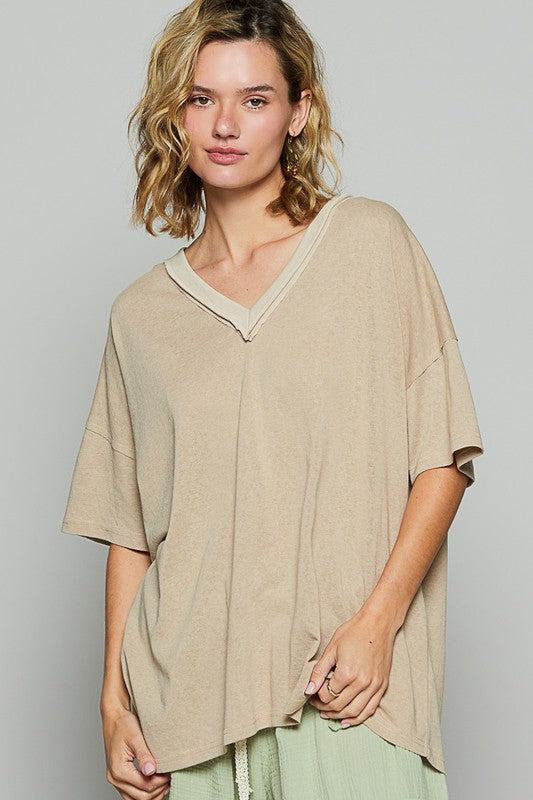 POL V-Neck Half Sleeve T-Shirt- Latte