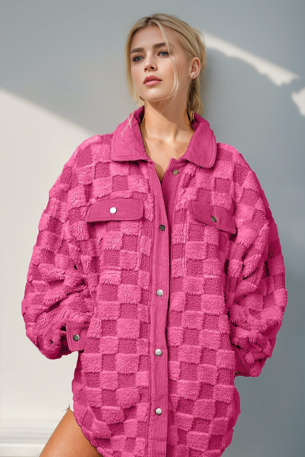 Button Up Fuzzy Checkered Shacket- 4 Colors (Cream, Dusty Pink, Black, Hot Pink)