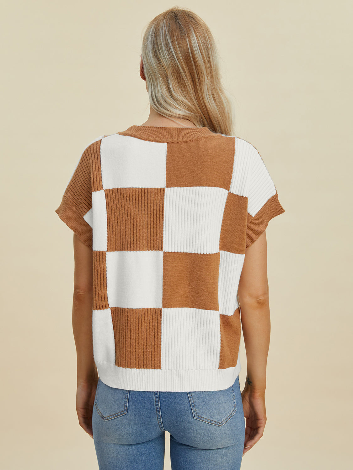 Checkered Short Sleeve Sweater- 4 Colors (Black, Pink, Camel, Turquoise)