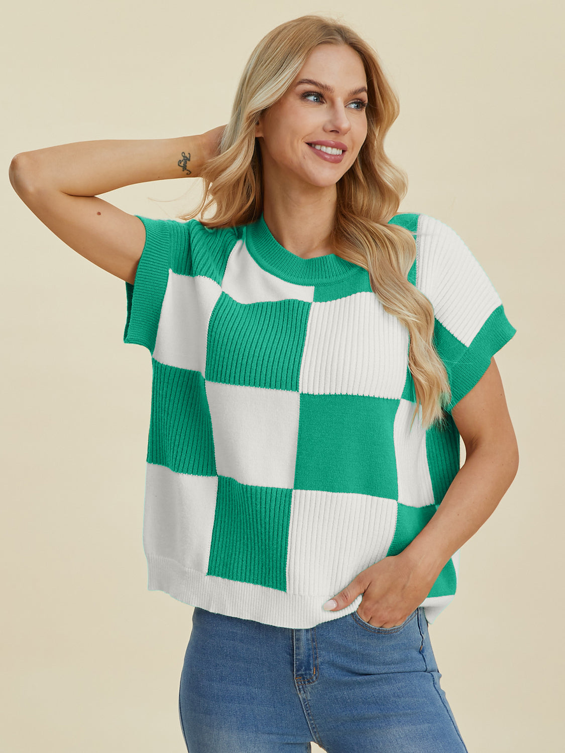 Checkered Short Sleeve Sweater- 4 Colors (Black, Pink, Camel, Turquoise)