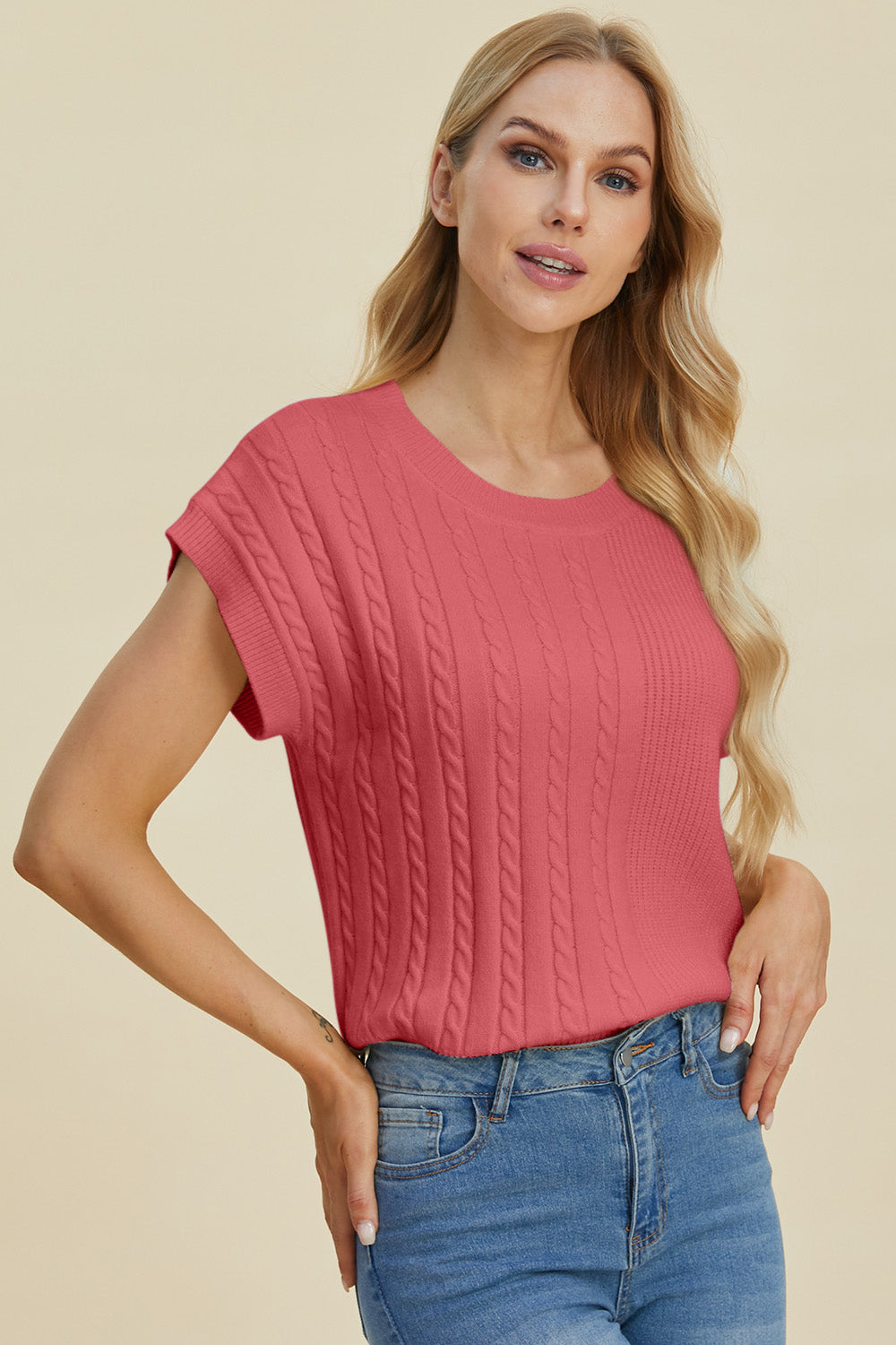 Cable-Knit Short Sleeve Sweater- 2 Colors