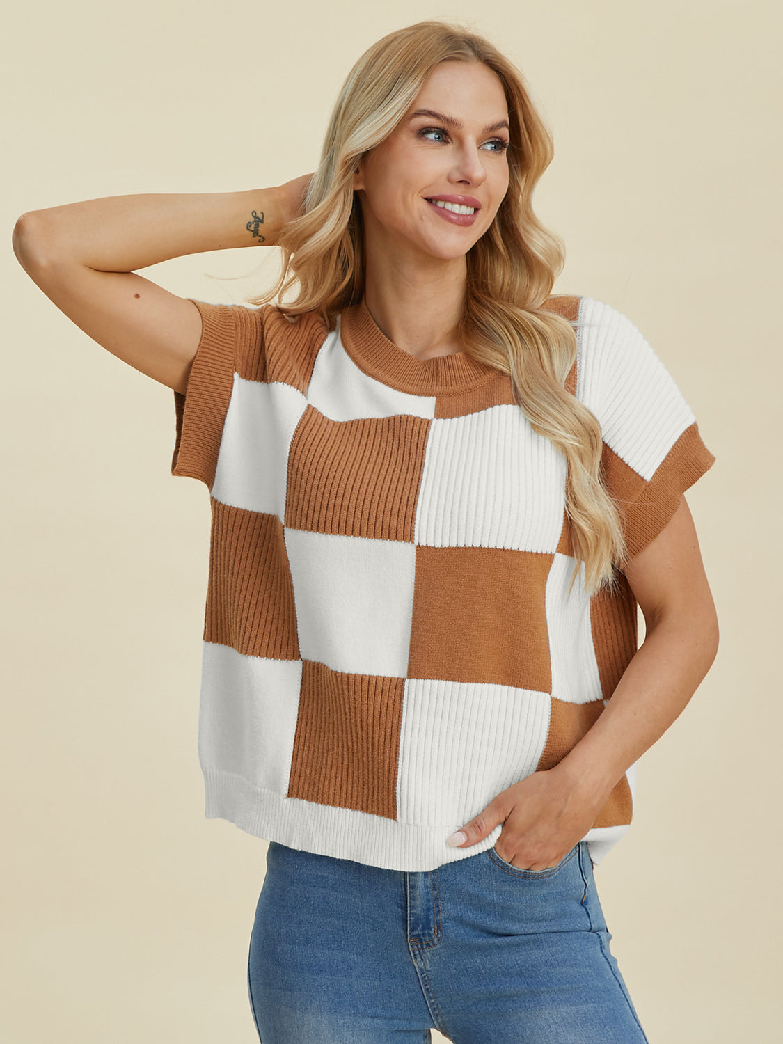 Checkered Short Sleeve Sweater- 4 Colors (Black, Pink, Camel, Turquoise)