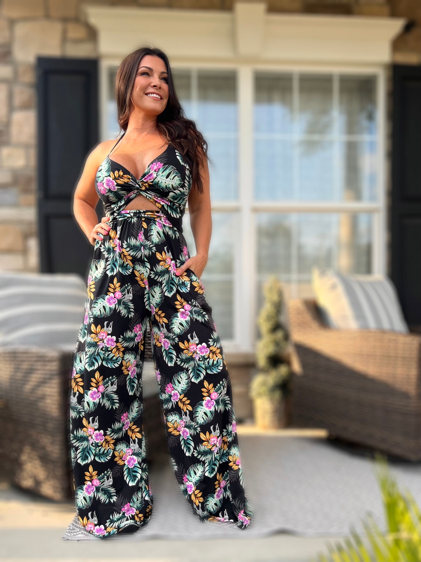 Knotted Tank Jumpsuit- Tropical Black Cheet