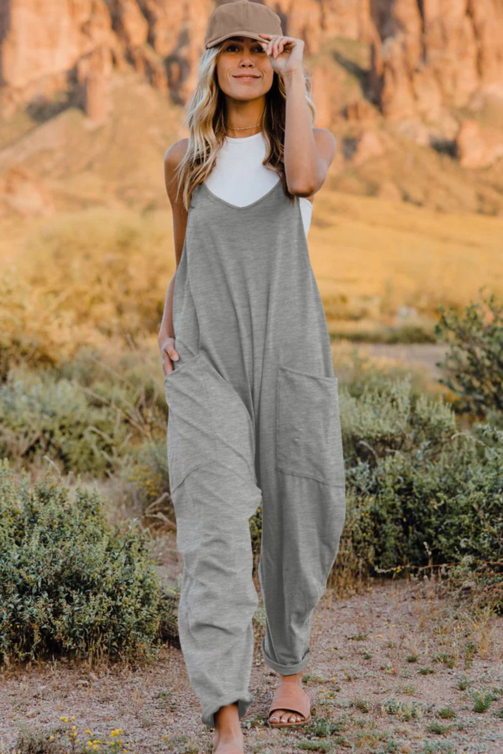 Cool Nights V-Neck Jumpsuit with Pockets- 6 Colors (Black, Army Green, Gray, Blue, Khaki, Navy)
