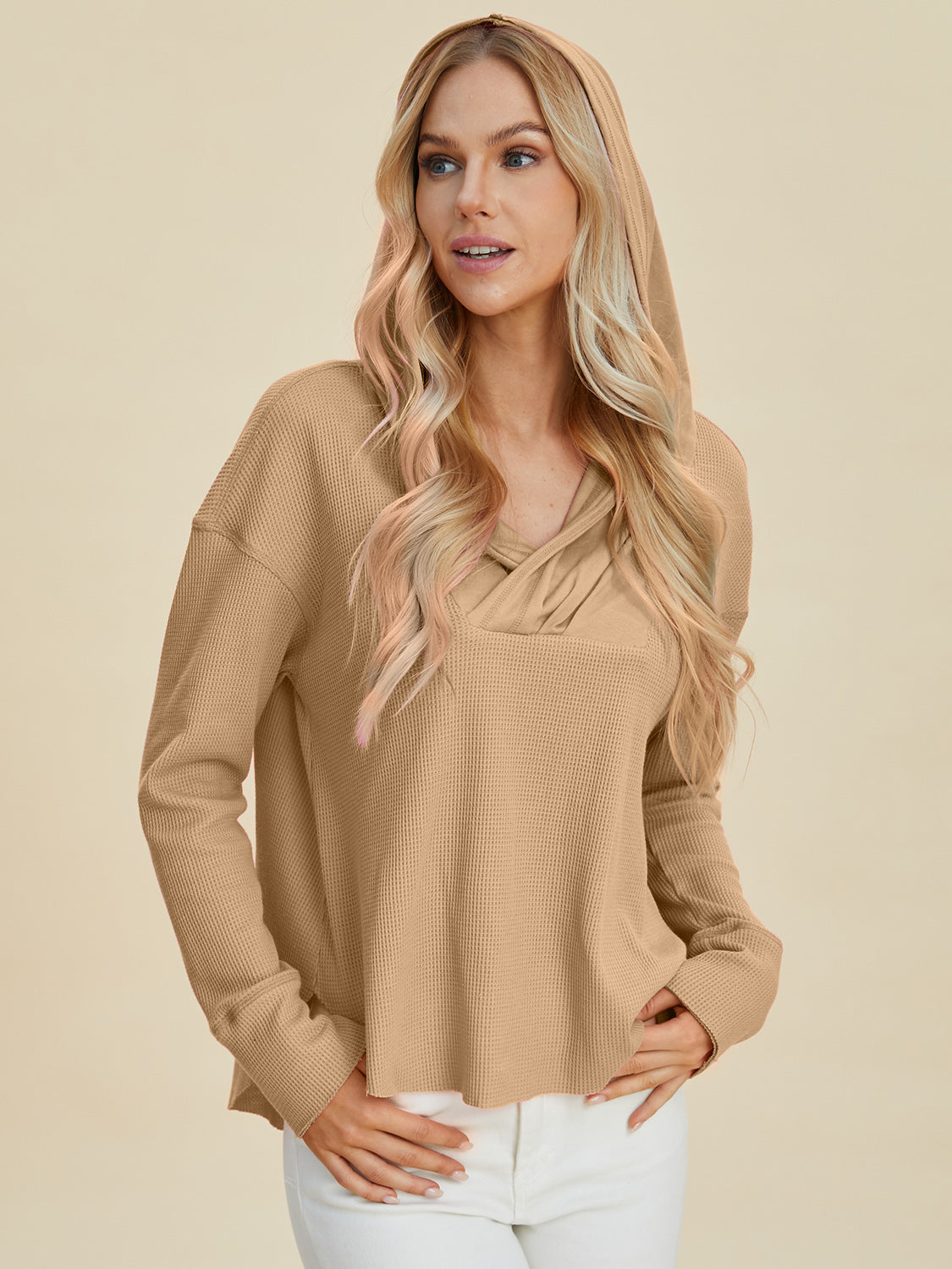 High-Low Dropped Shoulder Hoodie- 2 Colors (Camel, Pink)