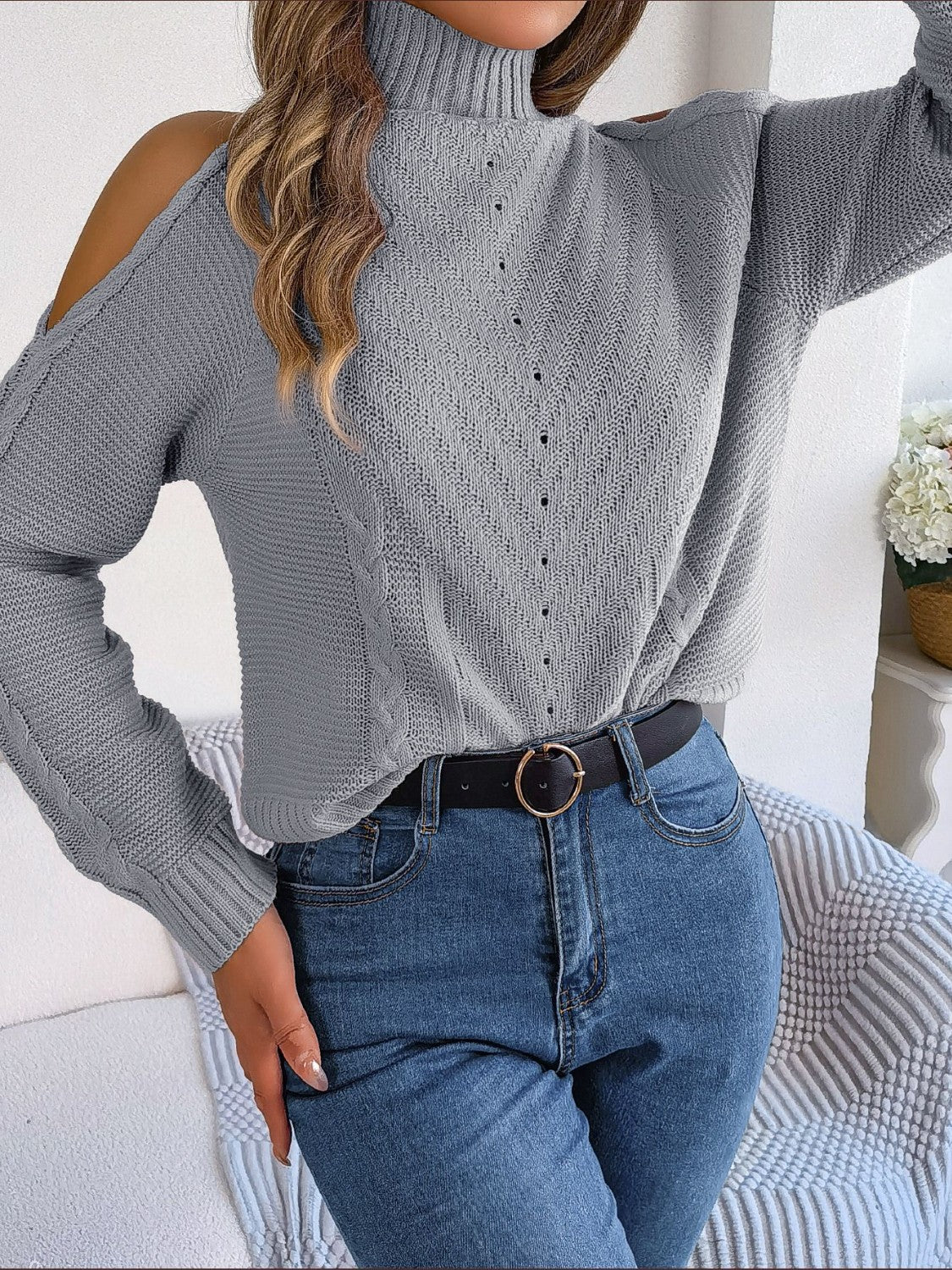 Cable-Knit Turtleneck Cold Shoulder Sweater- 3 Colors (White, Dark Gray, Camel)