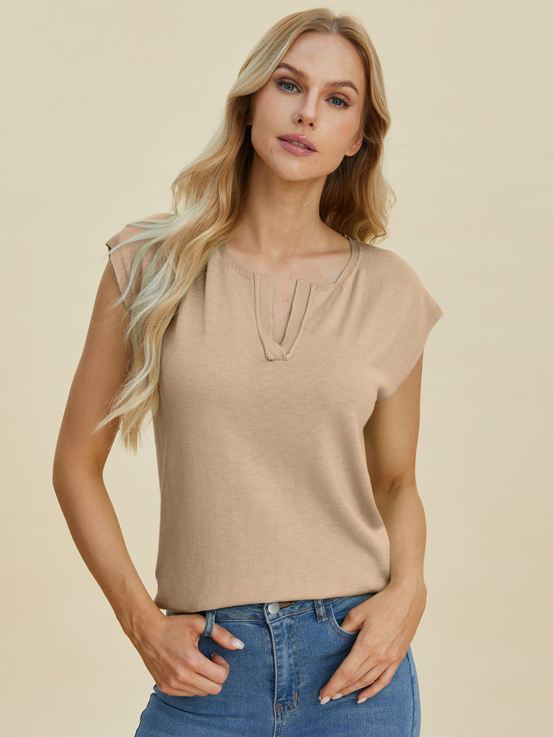 Notched Cap Sleeve Knit Top- 4 Colors (Caramel, Dust Storm, Magenta, Sage)
