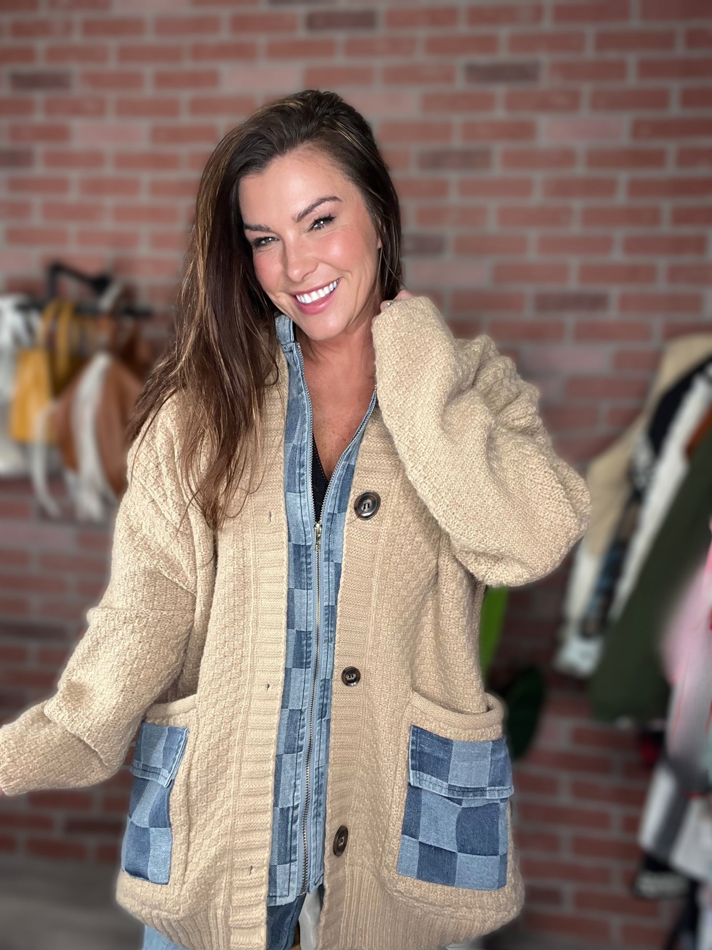 Hooded Denim Sweater Jacket- 3 Colors (Camel, Black, Deep Red)