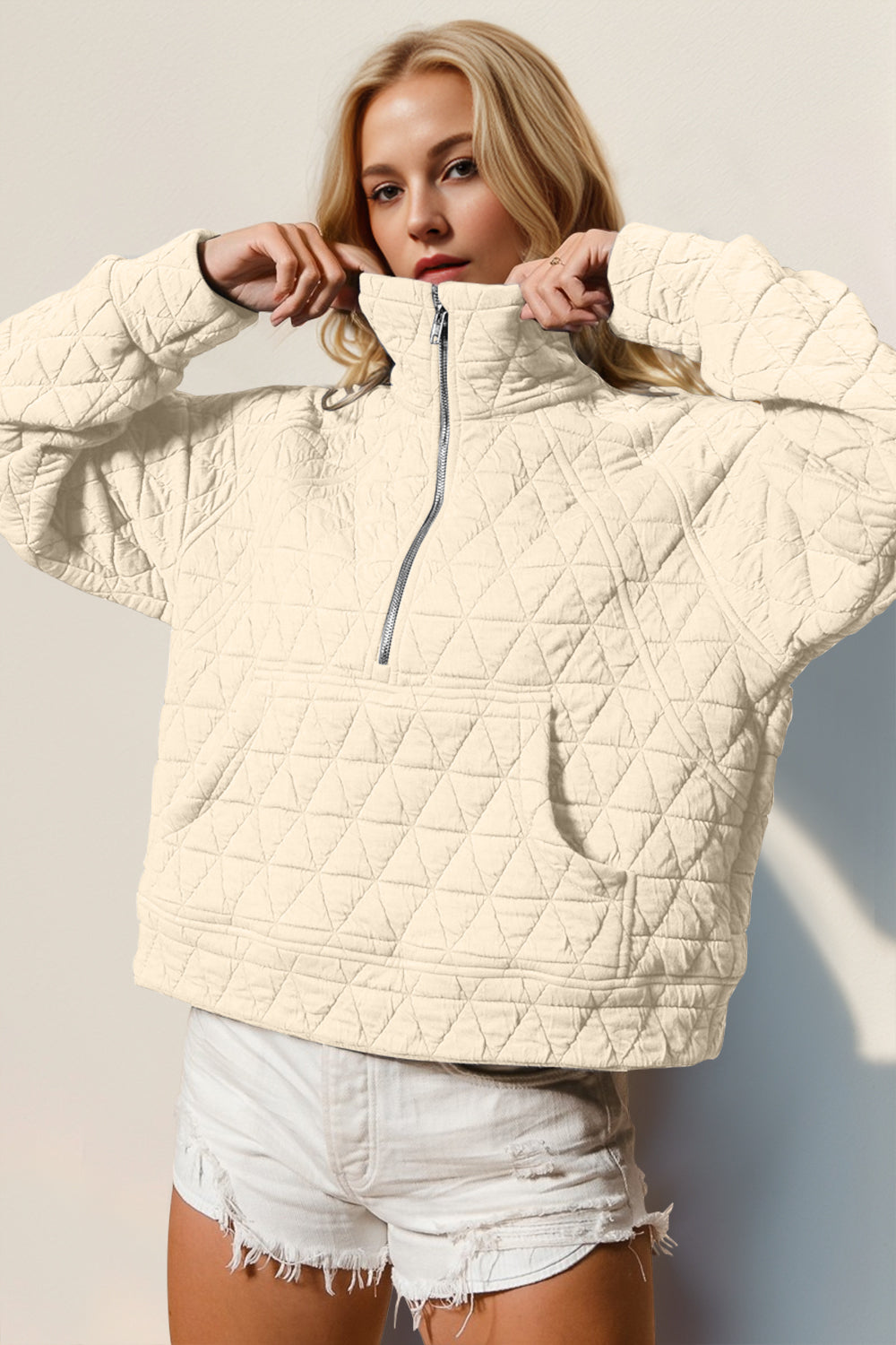 Half Zip Quilted Sweatshirt- 5 Colors (Caramel, Gray, Light Blue, Black, Cream)