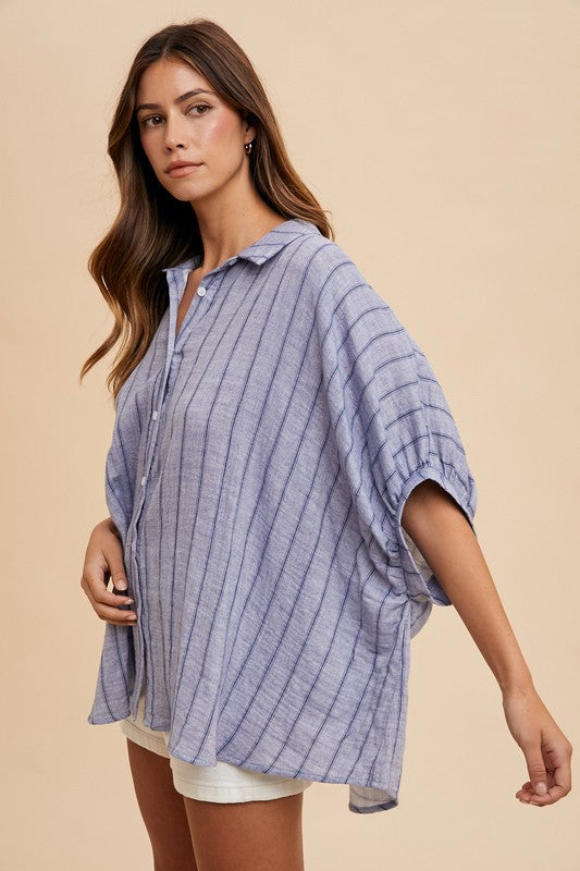 Annie Wear Striped Button Up Top- Blue