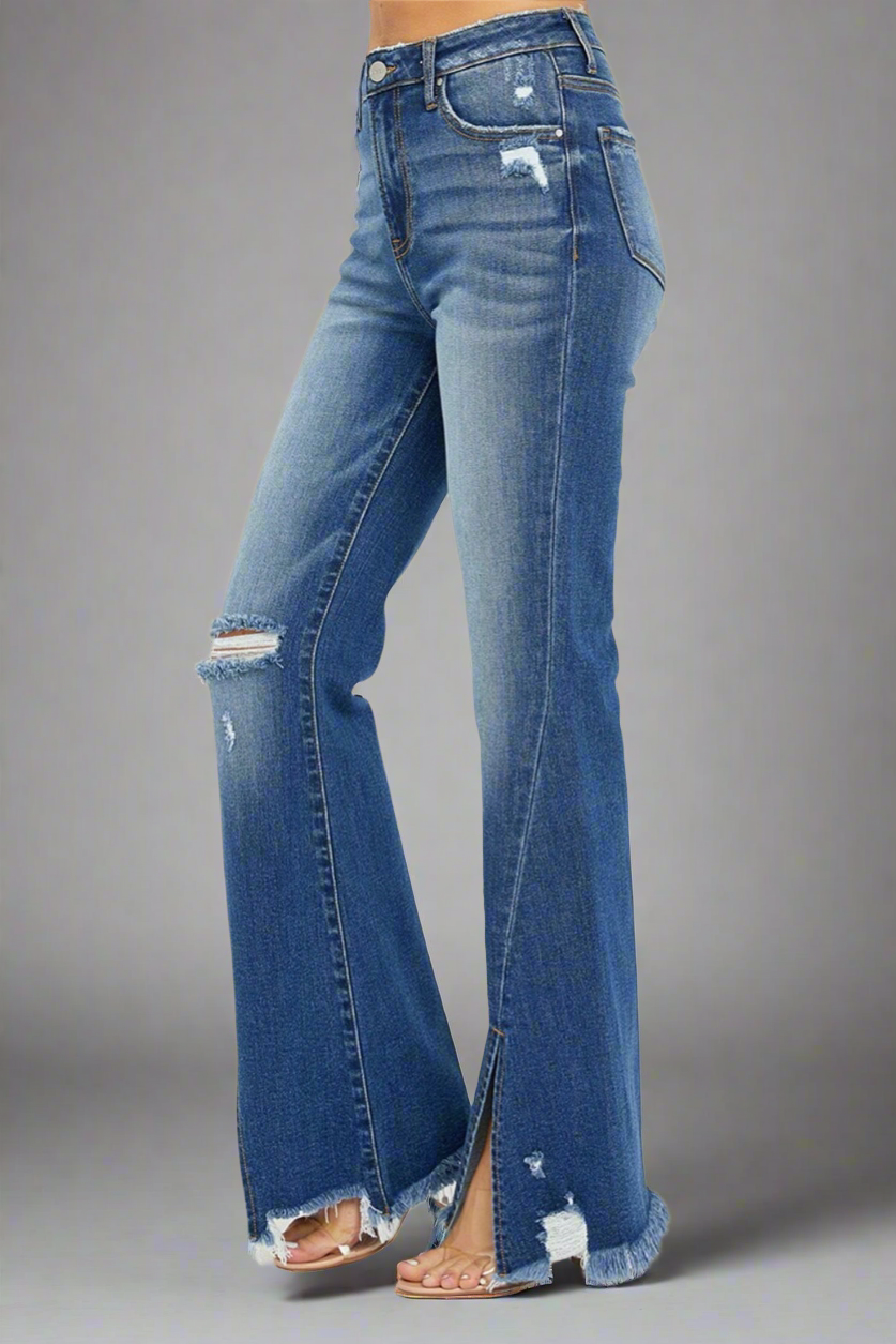 RISEN Front Slit Frayed Hem Flare Jeans