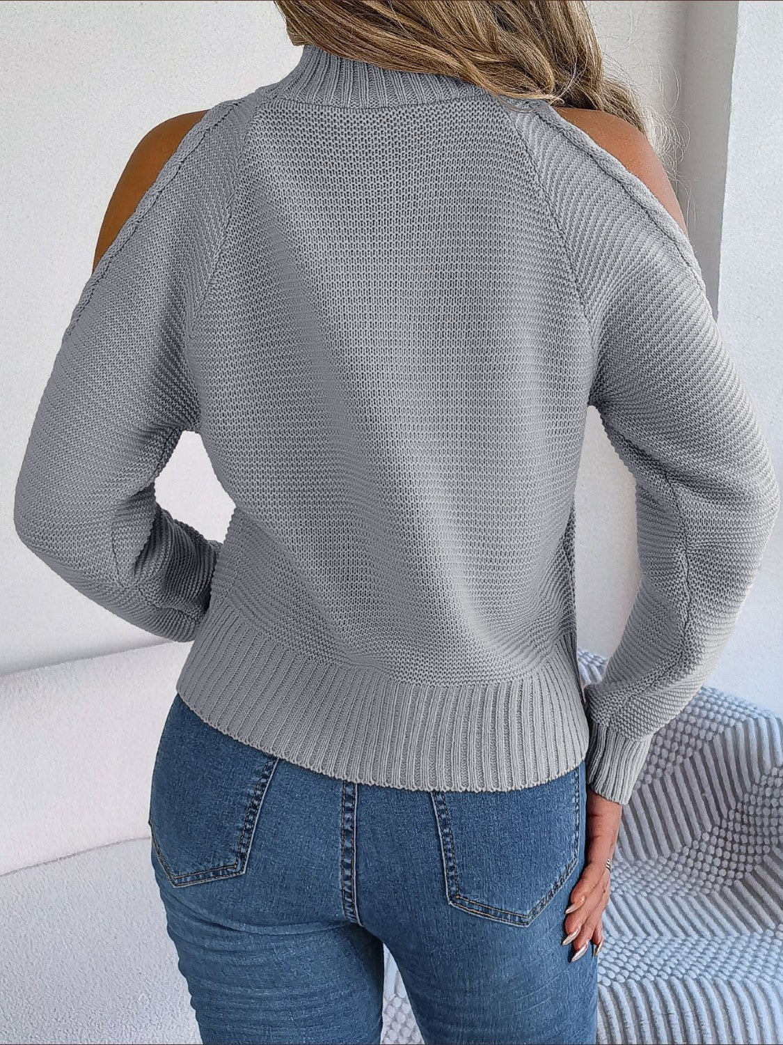Cable-Knit Turtleneck Cold Shoulder Sweater- 3 Colors (White, Dark Gray, Camel)