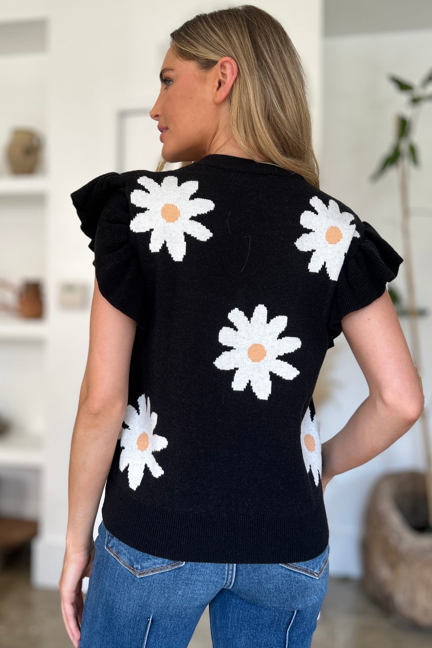 Ruffled Flower Round Neck Cap Sleeve Sweater- Black