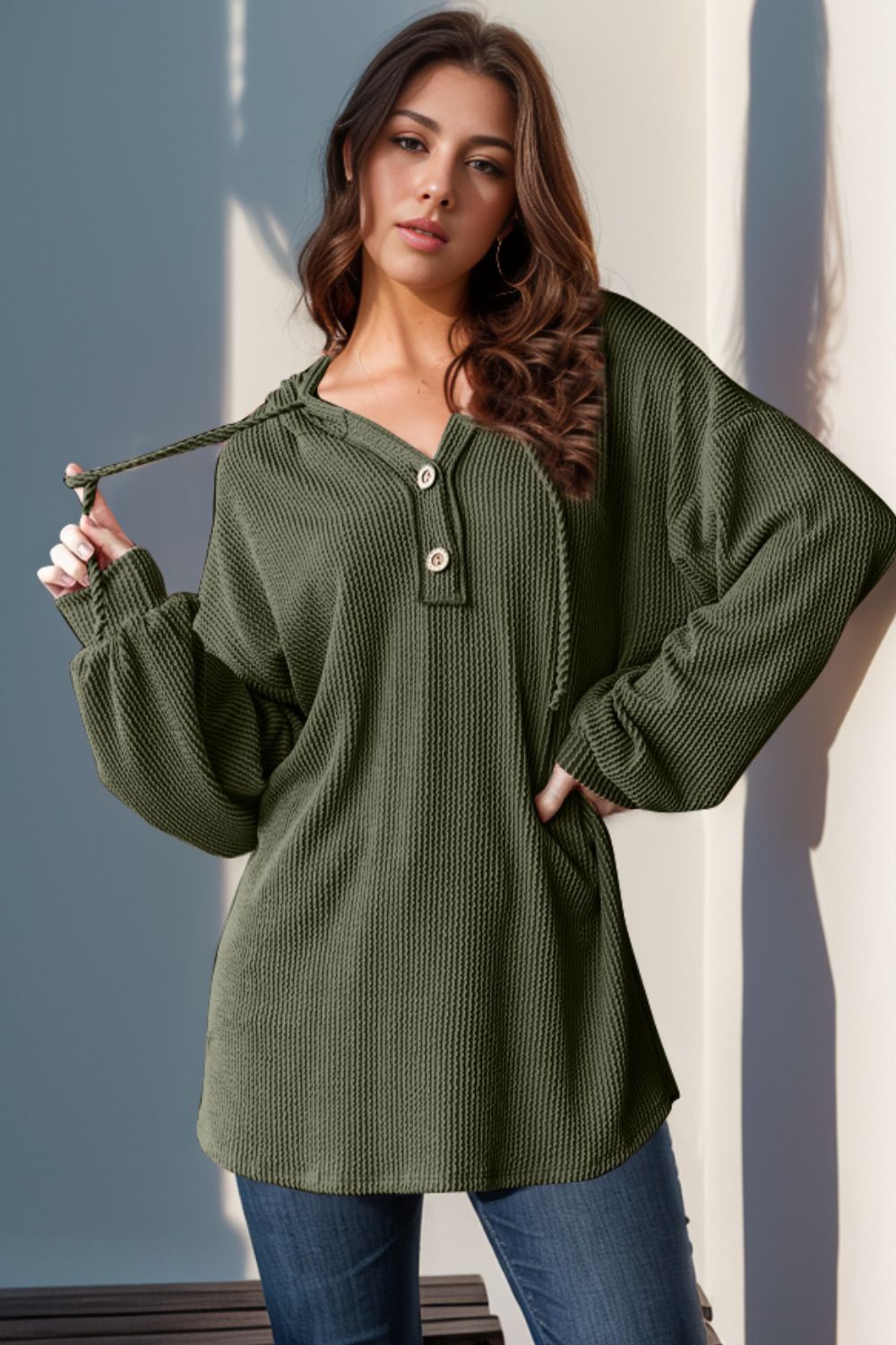 Half Button Long Sleeve Hoodie- 3 Colors (Moss, Burnt Coral, Caramel)