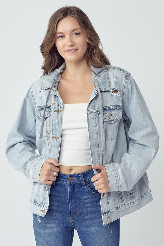 RISEN Distressed Hooded Light Denim Jacket IN STORE RDJ1104