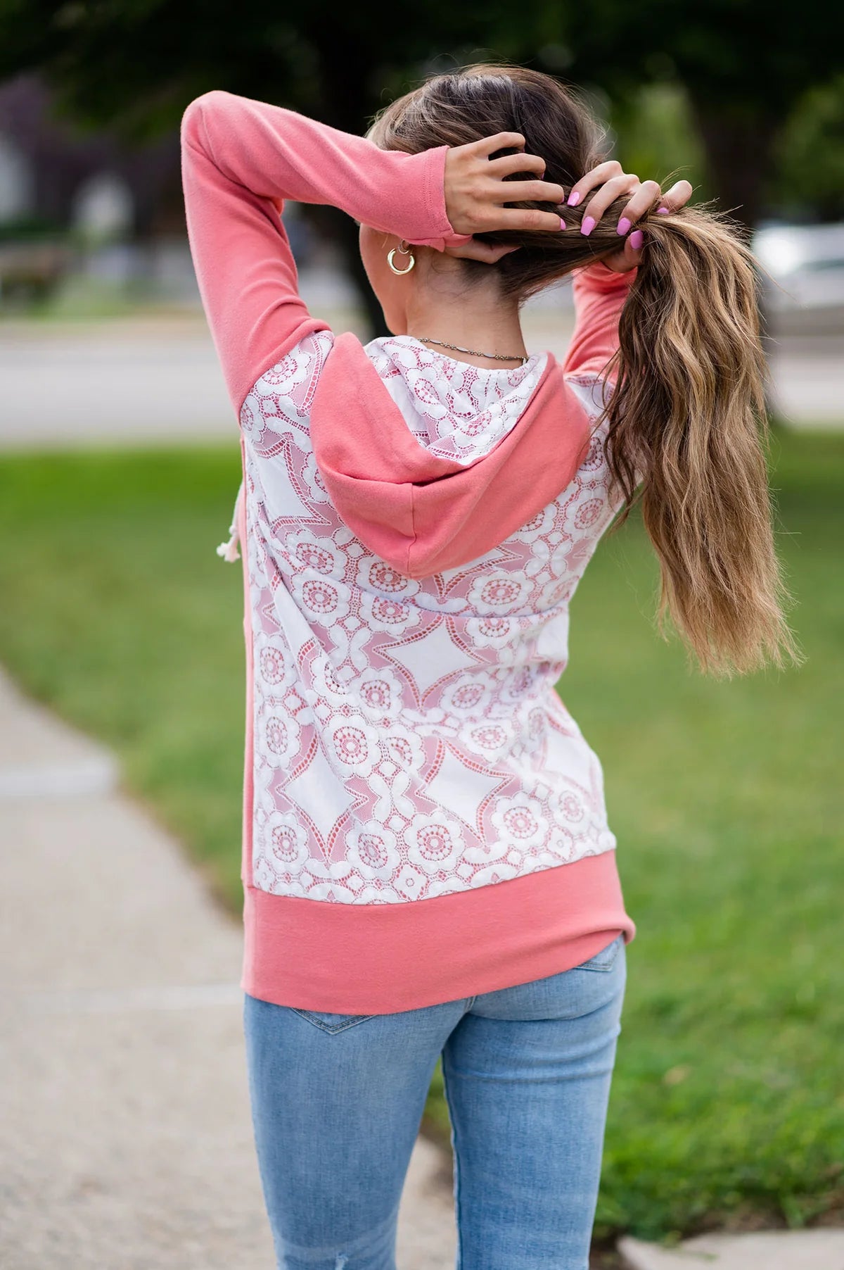 Ampersand Halfzip Hoodie- Coral & White Lace