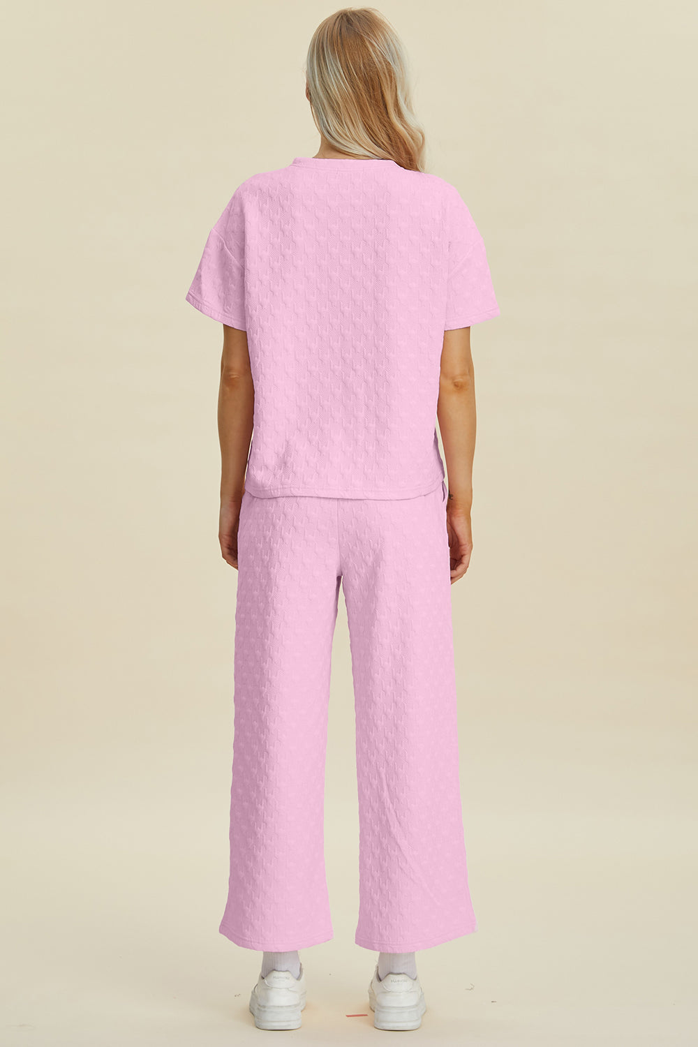 Texture Round Neck Short Sleeve Top and Pants Set- 4 Colors (Dark Green, Pink, Cerulean, Black)