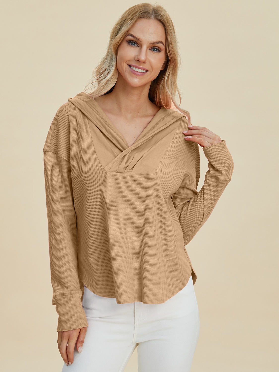 High-Low Dropped Shoulder Hoodie- 2 Colors (Camel, Pink)