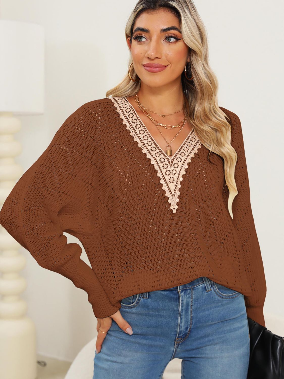 Lace Detail V-Neck Sweater- 3 Colors (Black, Brown, White)