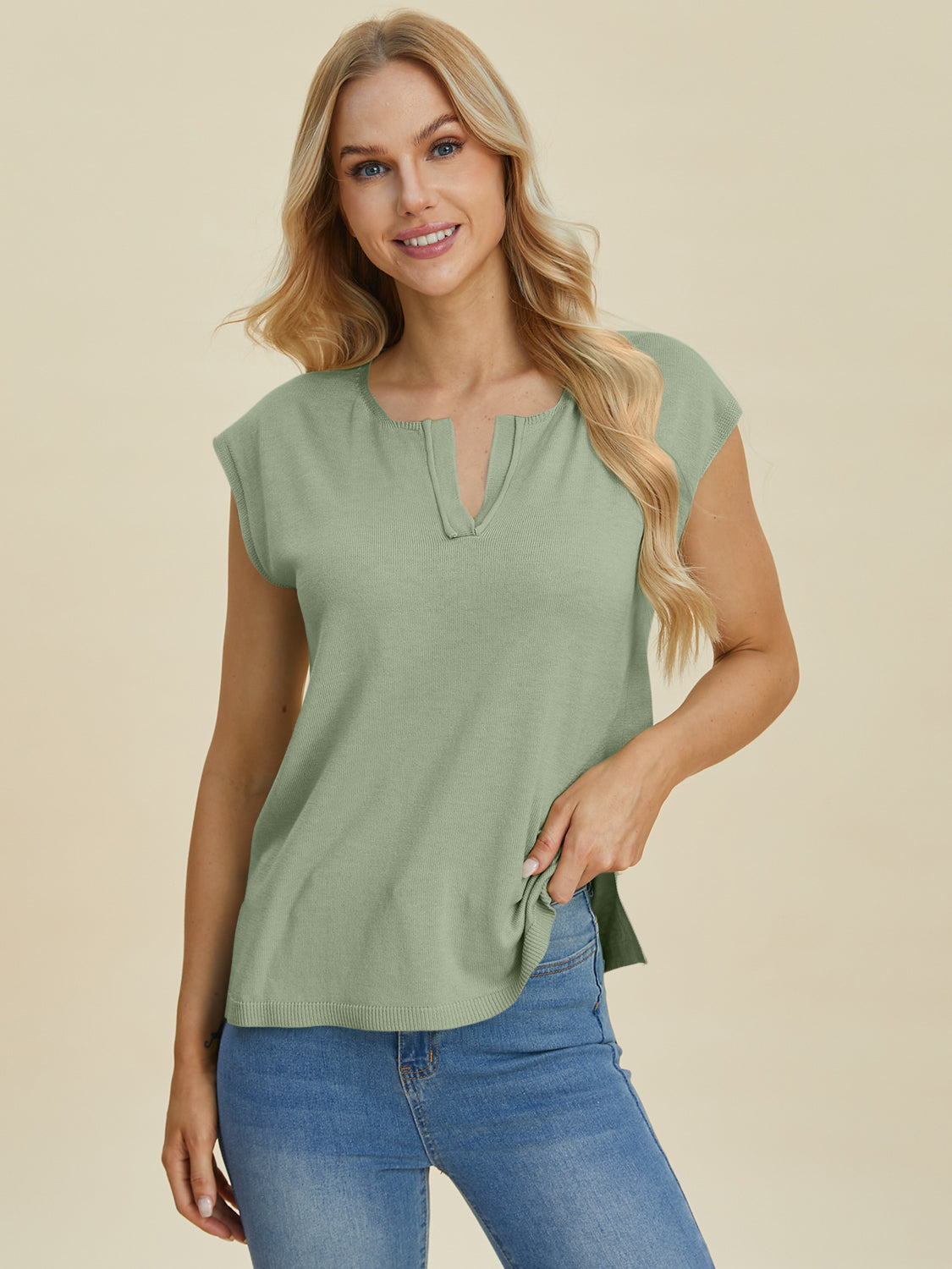 Notched Cap Sleeve Knit Top- 4 Colors (Caramel, Dust Storm, Magenta, Sage)