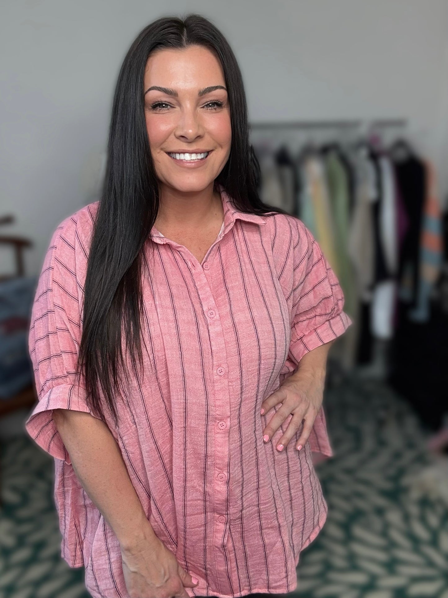 Annie Wear Striped Button Up Top- Coral Pink