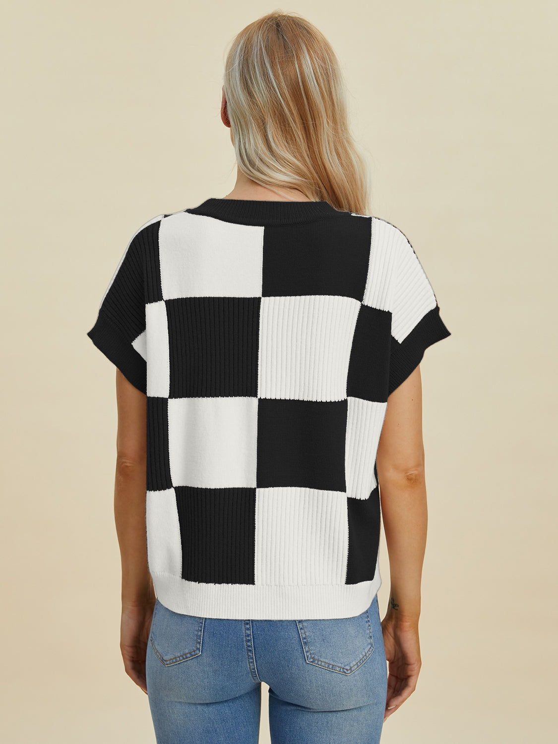 Checkered Short Sleeve Sweater- 4 Colors (Black, Pink, Camel, Turquoise)