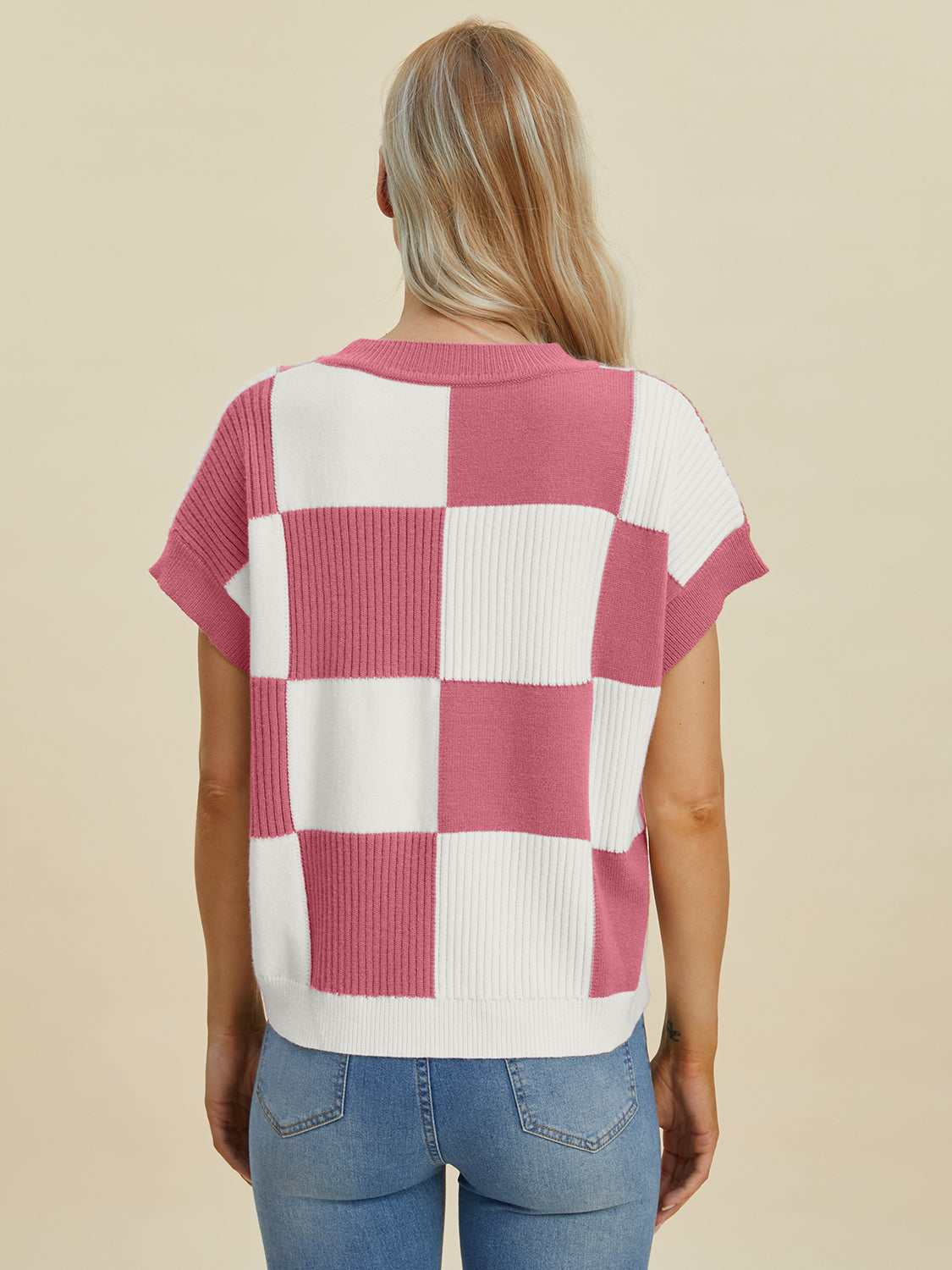 Checkered Short Sleeve Sweater- 4 Colors (Black, Pink, Camel, Turquoise)