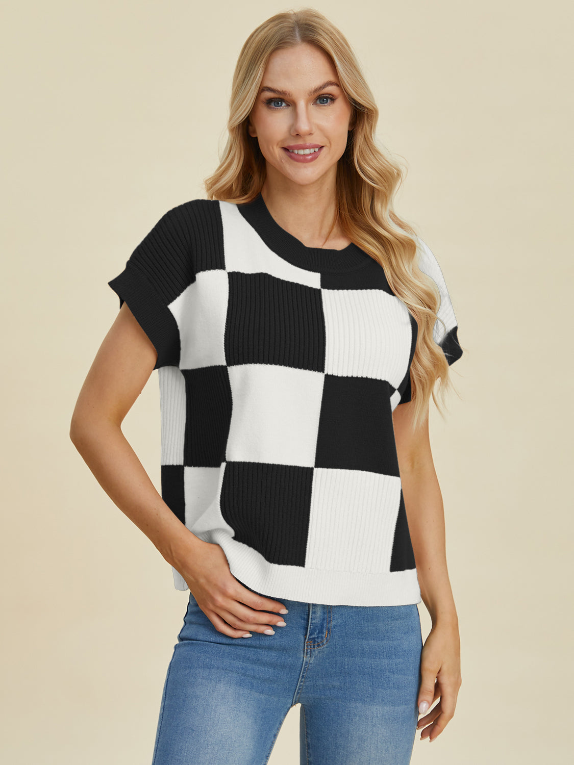 Checkered Short Sleeve Sweater- 4 Colors (Black, Pink, Camel, Turquoise)