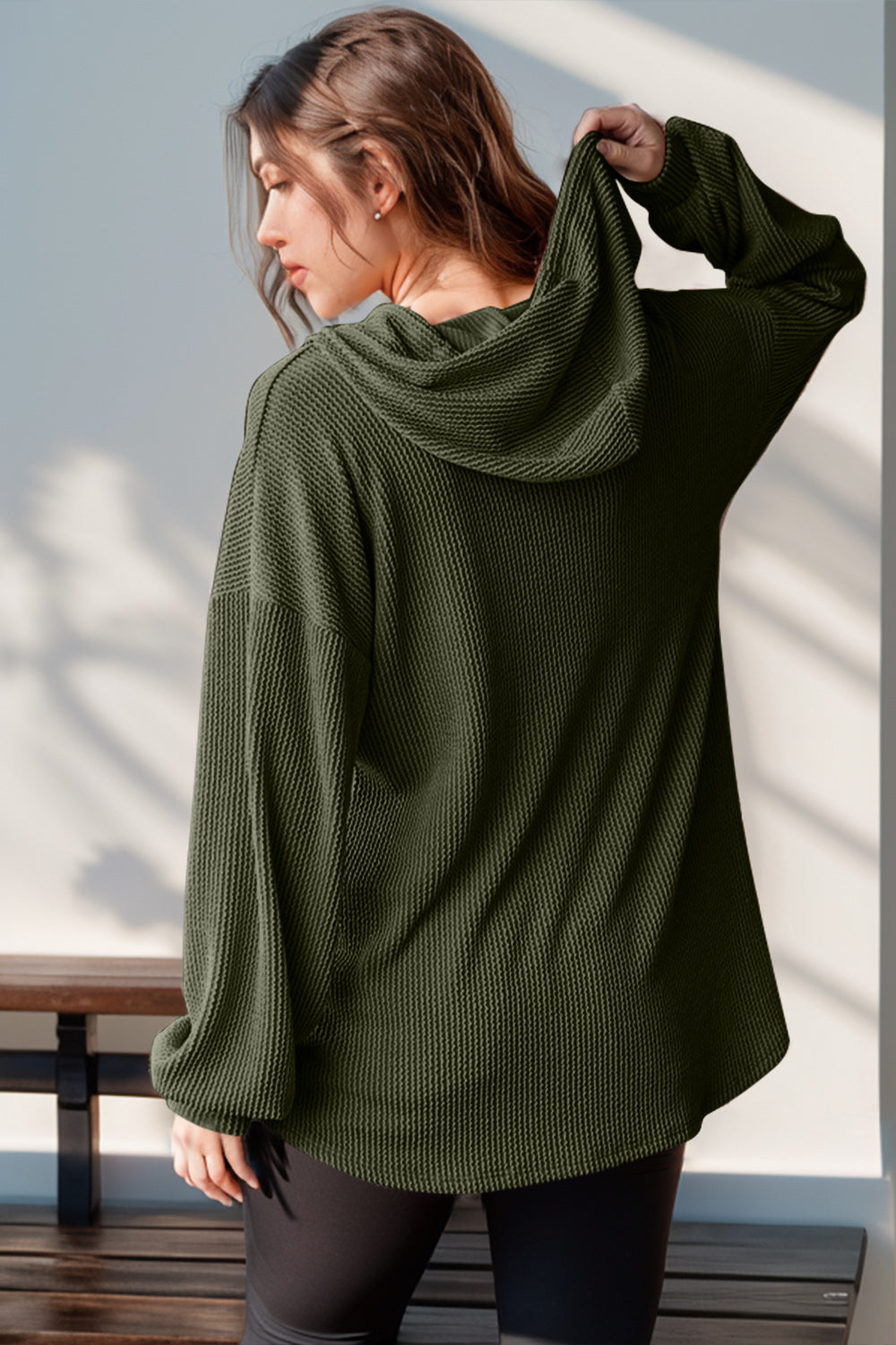 Half Button Long Sleeve Hoodie- 3 Colors (Moss, Burnt Coral, Caramel)