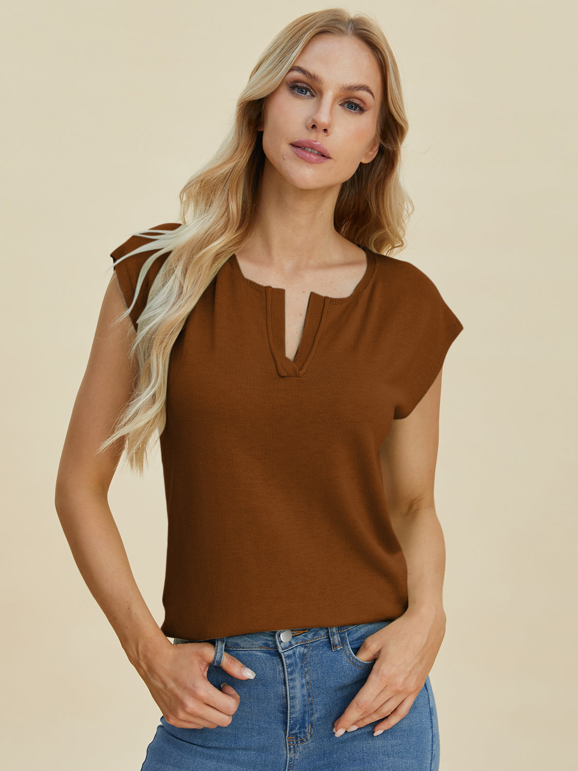 Notched Cap Sleeve Knit Top- 4 Colors (Caramel, Dust Storm, Magenta, Sage)