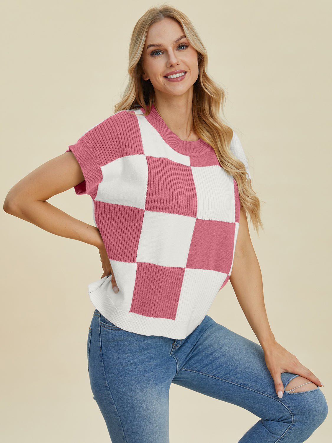 Checkered Short Sleeve Sweater- 4 Colors (Black, Pink, Camel, Turquoise)