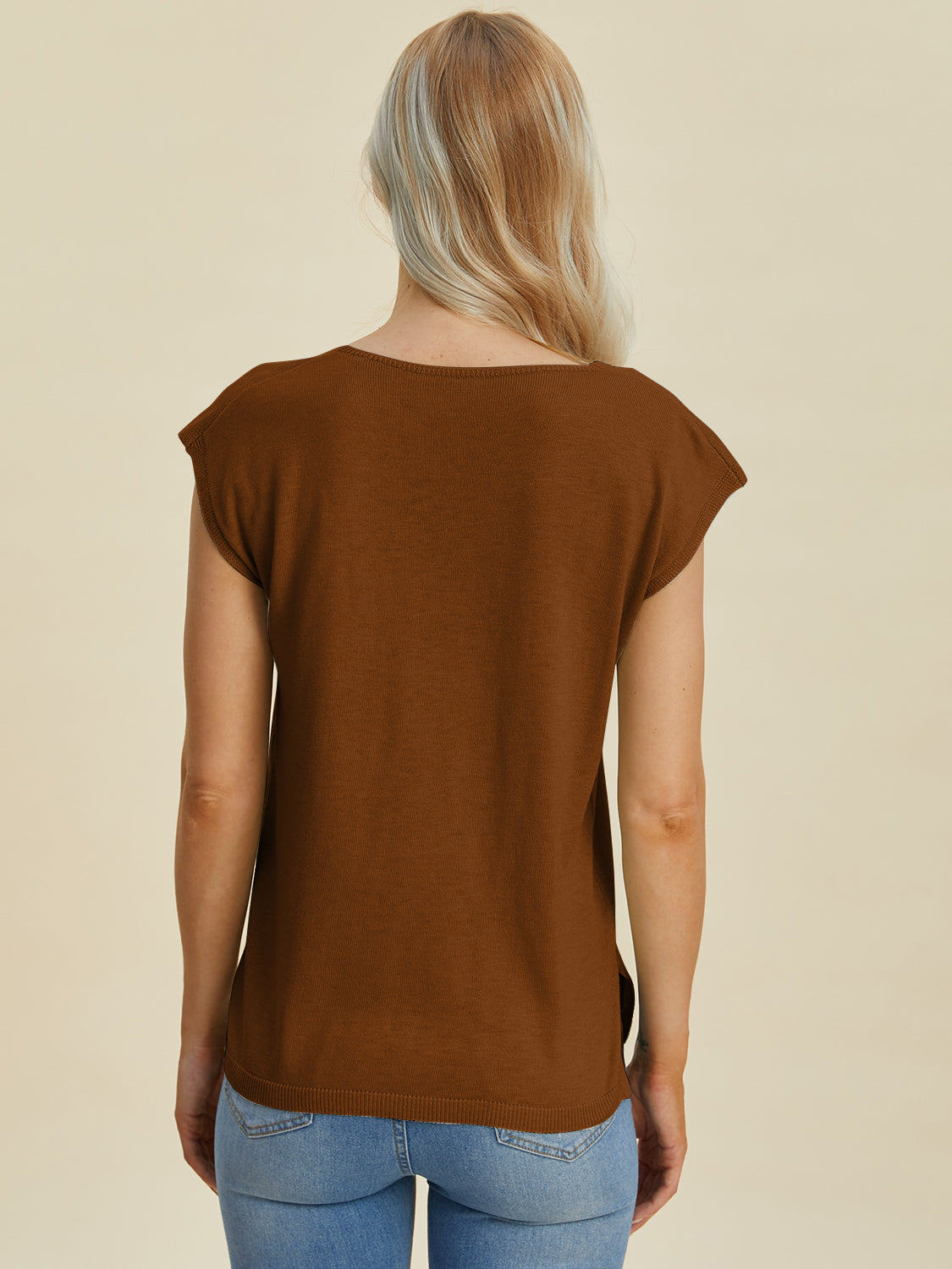 Notched Cap Sleeve Knit Top- 4 Colors (Caramel, Dust Storm, Magenta, Sage)