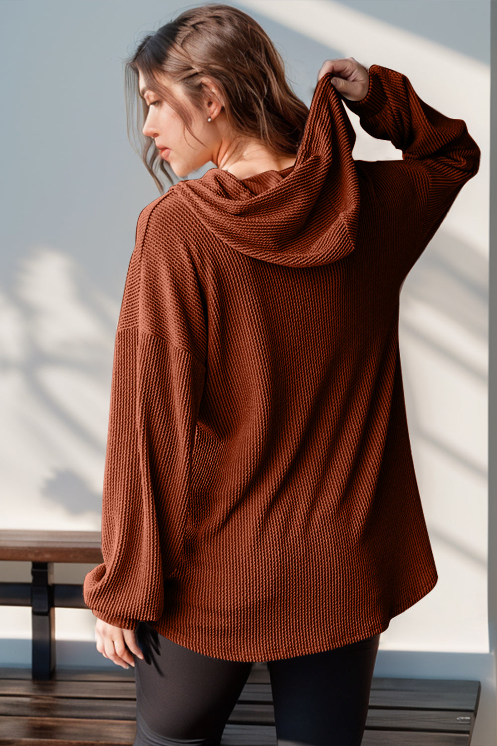 Half Button Long Sleeve Hoodie- 3 Colors (Moss, Burnt Coral, Caramel)