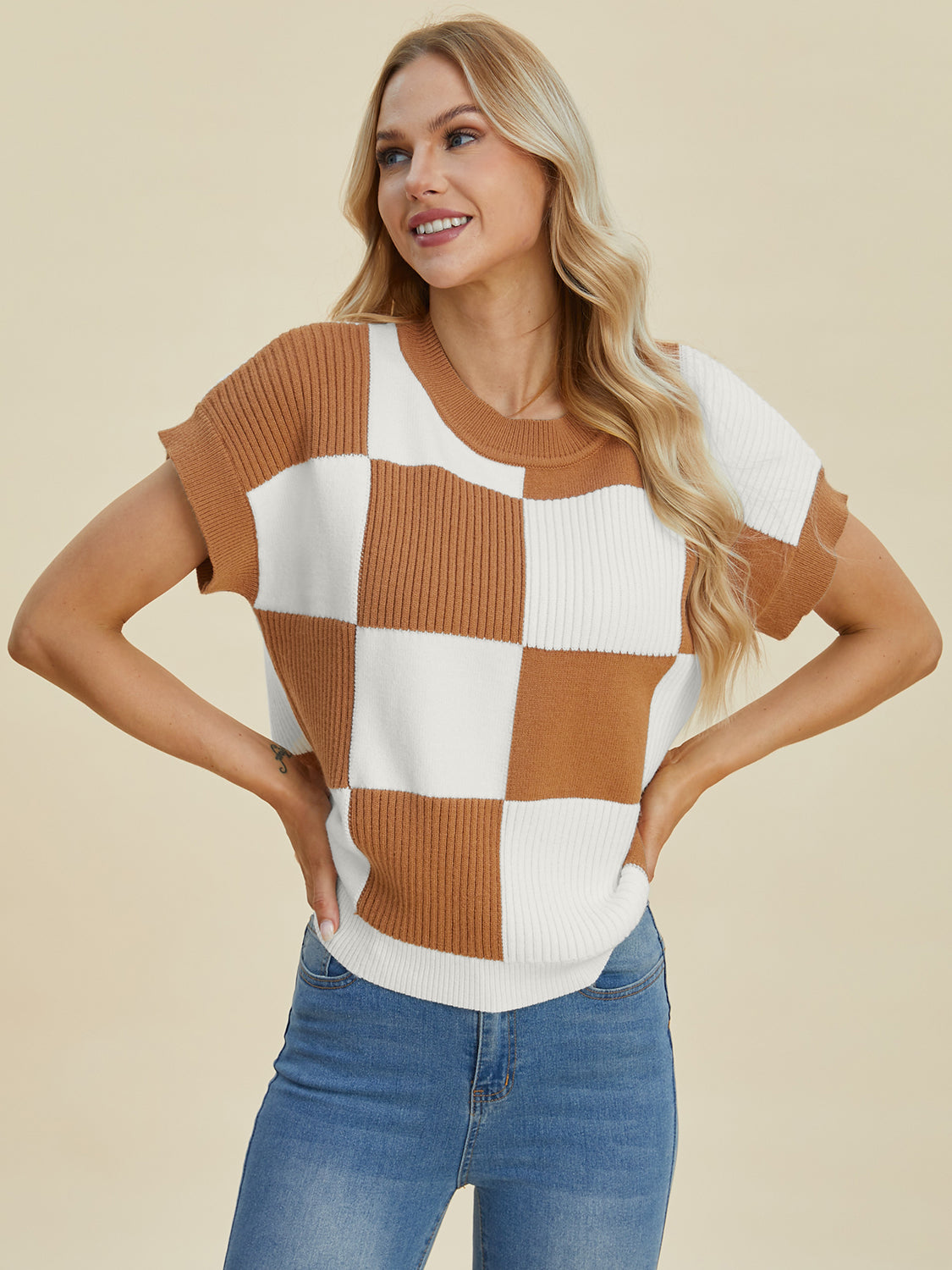 Checkered Short Sleeve Sweater- 4 Colors (Black, Pink, Camel, Turquoise)