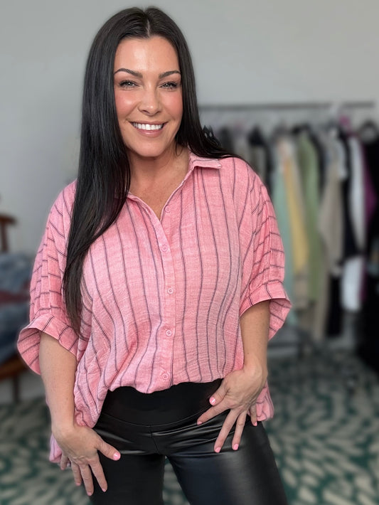 Annie Wear Striped Button Up Top- Coral Pink